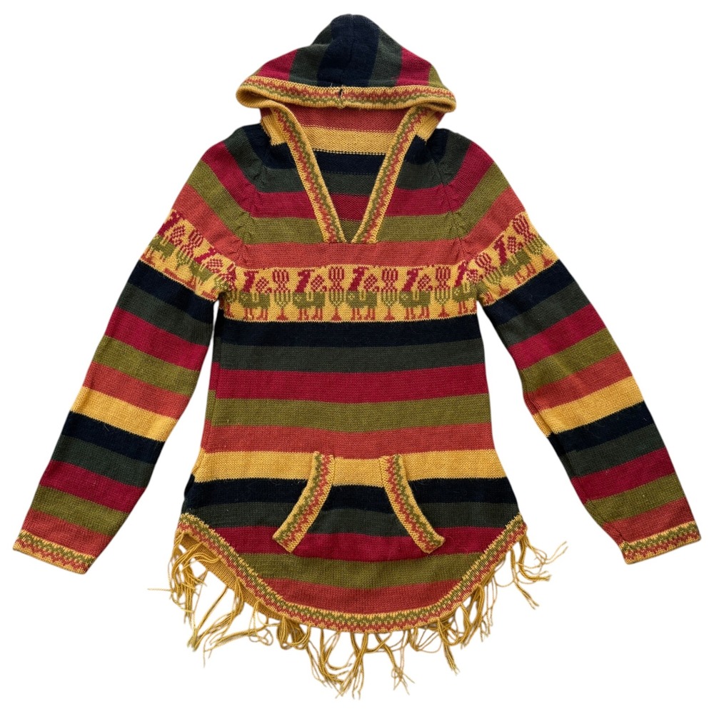Vintage alpaca Peru Hooded Sweater Poncho Fringe Stripe Andean Boho Small Multi